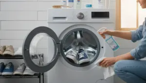 Persona che disinfetta la lavatrice dopo aver lavato le scarpe, con spray detergente e panno vicino all’oblò aperto