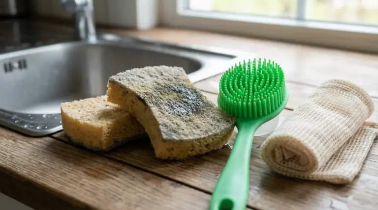 Spugne per piatti usurate vicino al lavello e spazzola in silicone verde come alternativa più igienica