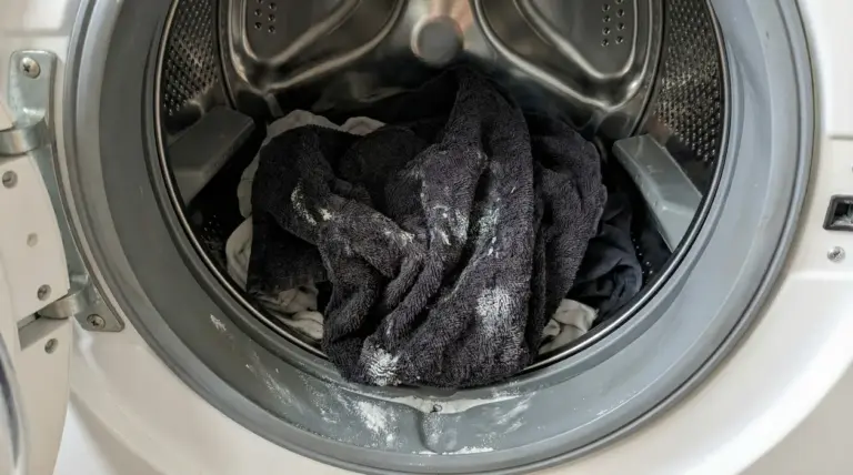 Cestello della lavatrice con bucato scuro e residui di detersivo, segnale di lavaggio che rende i capi duri