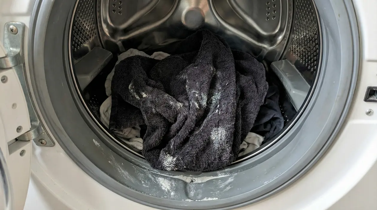 Cestello della lavatrice con bucato scuro e residui di detersivo, segnale di lavaggio che rende i capi duri
