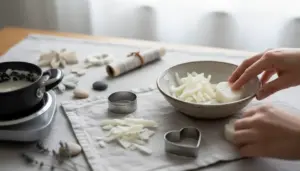 Mani che riutilizzano residui di saponetta in una ciotola, con scaglie di sapone e stampini su un tavolo