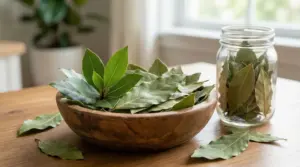 Foglie d’alloro in una ciotola di legno e in un barattolo di vetro su un tavolo, vicino a una finestra