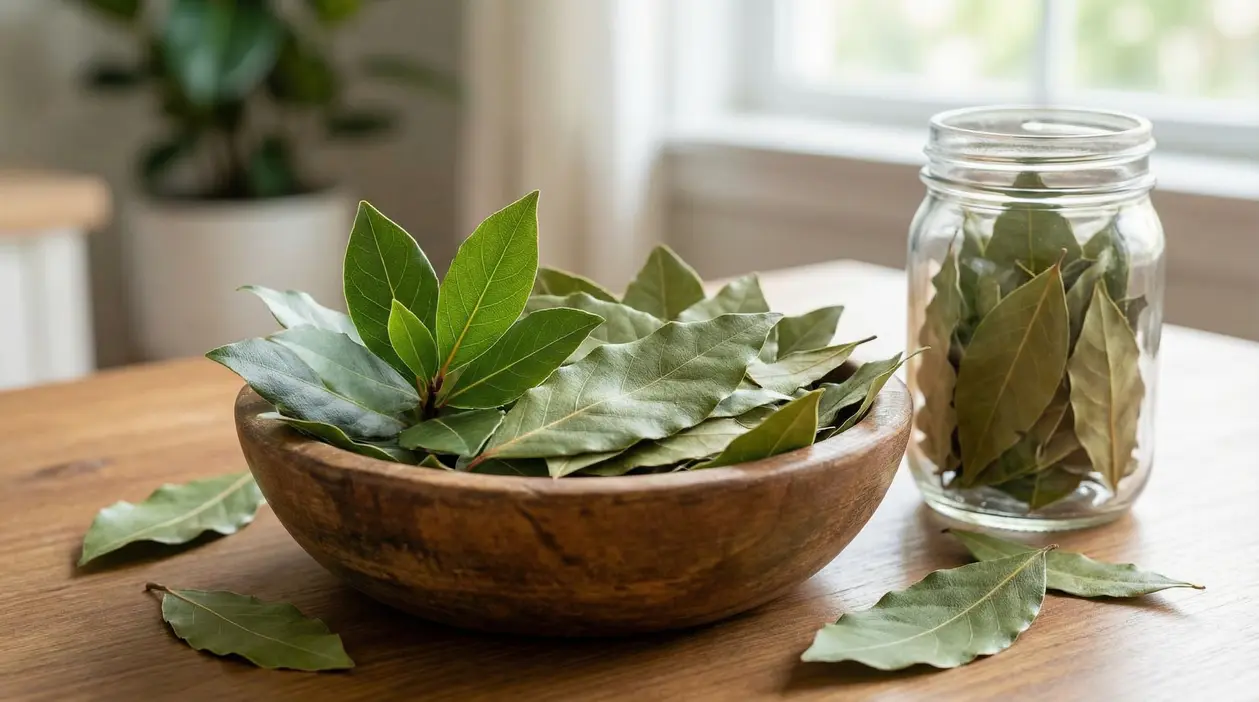 Foglie d’alloro in una ciotola di legno e in un barattolo di vetro su un tavolo, vicino a una finestra
