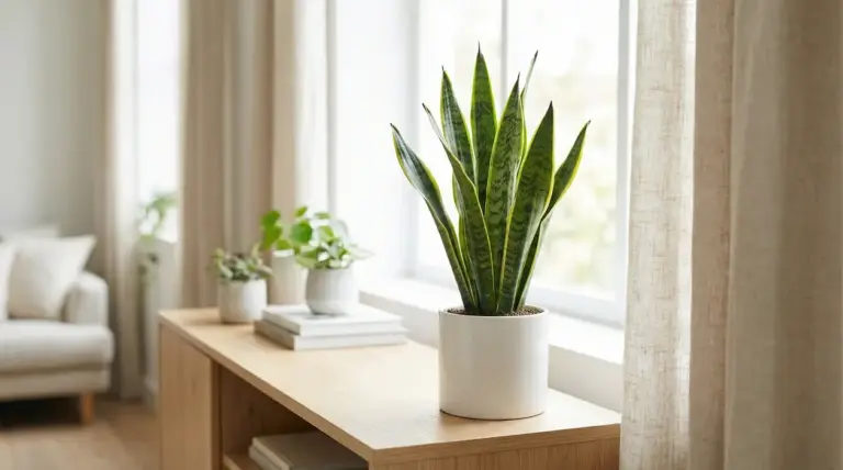Sansevieria in vaso bianco su mobile vicino a una finestra luminosa in soggiorno