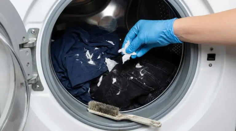 Mano con guanto che rimuove residui di fazzoletti dai vestiti dentro una lavatrice a carica frontale