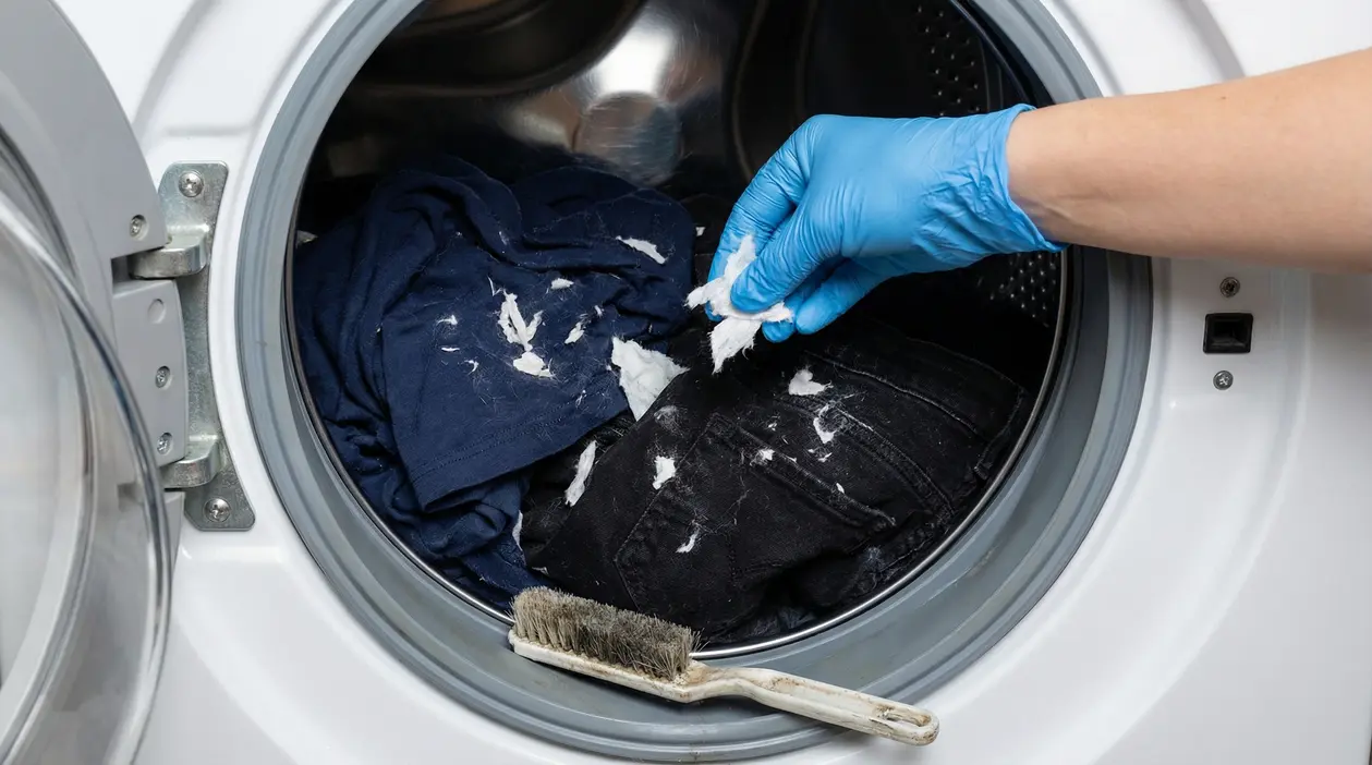 Mano con guanto che rimuove residui di fazzoletti dai vestiti dentro una lavatrice a carica frontale