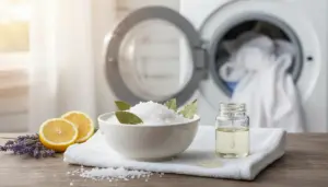 Ingredienti naturali per profumare il bucato: sale grosso, olio essenziale, limone e lavanda davanti alla lavatrice