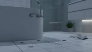 Insetti tipo pesciolini d’argento sul pavimento del bagno vicino a una vasca e a una goccia d’acqua