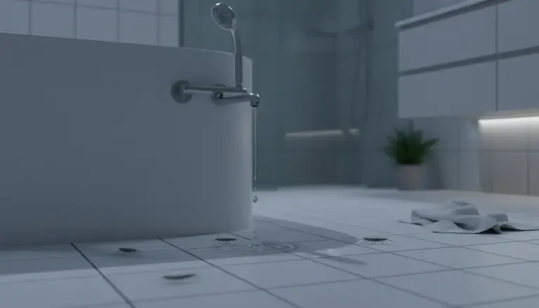 Insetti tipo pesciolini d’argento sul pavimento del bagno vicino a una vasca e a una goccia d’acqua