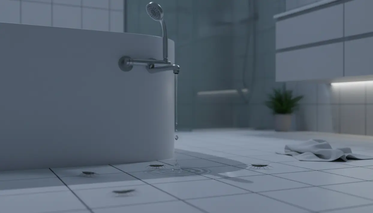 Insetti tipo pesciolini d’argento sul pavimento del bagno vicino a una vasca e a una goccia d’acqua