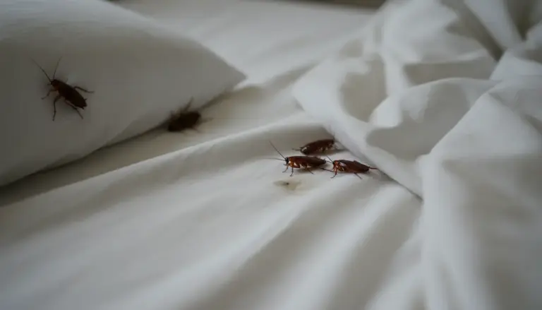 Blatte sul letto e sul cuscino, su lenzuola bianche spiegazzate in una camera da letto