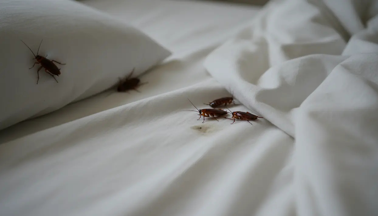 Blatte sul letto e sul cuscino, su lenzuola bianche spiegazzate in una camera da letto