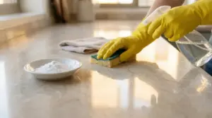 Mani con guanti che puliscono e lucidano un piano in marmo con spugna e spruzzino, accanto a una ciotola di polvere