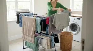 Persona stende i vestiti su uno stendibiancheria in casa, vicino alla lavatrice e a una finestra luminosa