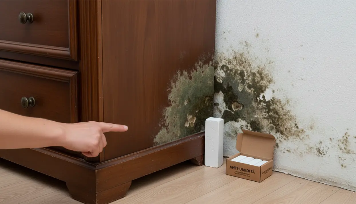 Muffa sul muro dietro un mobile in legno, con una mano che indica la macchia e un prodotto anti-umidità a terra