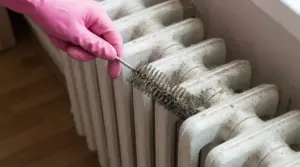 Guanto rosa che usa una spazzola sottile per pulire la polvere tra le alette di un termosifone in ghisa