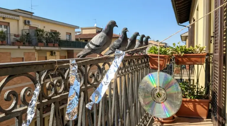 Piccioni posati sulla ringhiera del balcone vicino a nastri riflettenti e un CD appeso come dissuasore