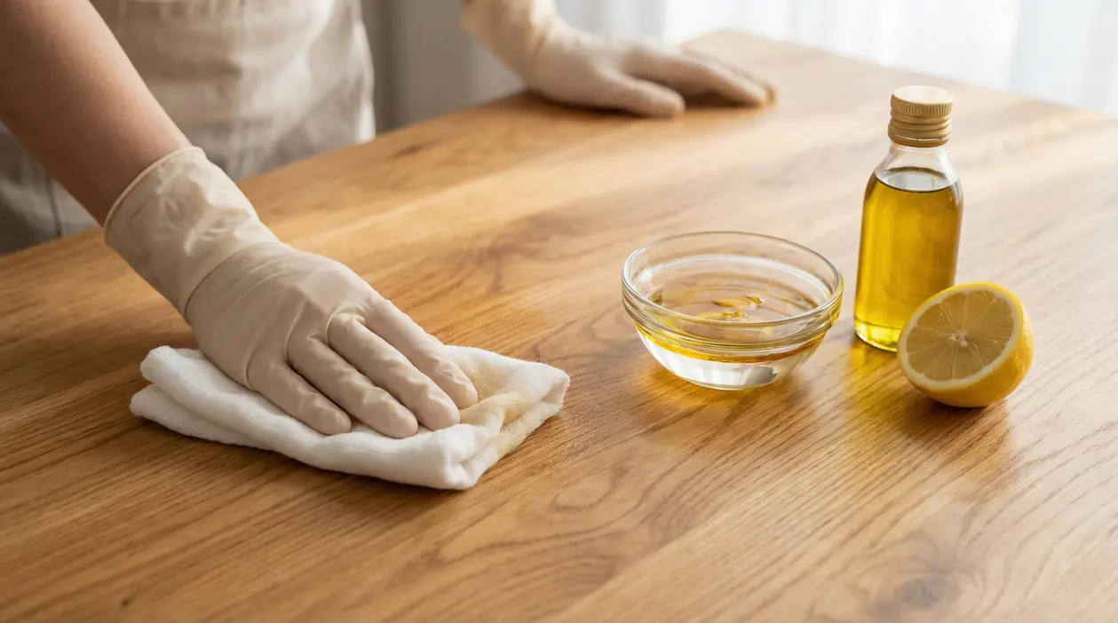 Persona con guanti pulisce un tavolo in legno con panno, accanto una ciotola, una bottiglia d’olio e un limone
